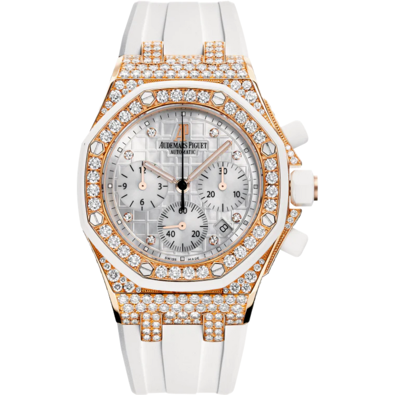 Royal Oak Offshore Chronograph 37MM White Rubber Strap Silvered Dial With Méga Tapisserie Pattern 18-Carat Pink Gold Case Entirely Set With Diamonds - Audemars Piguet