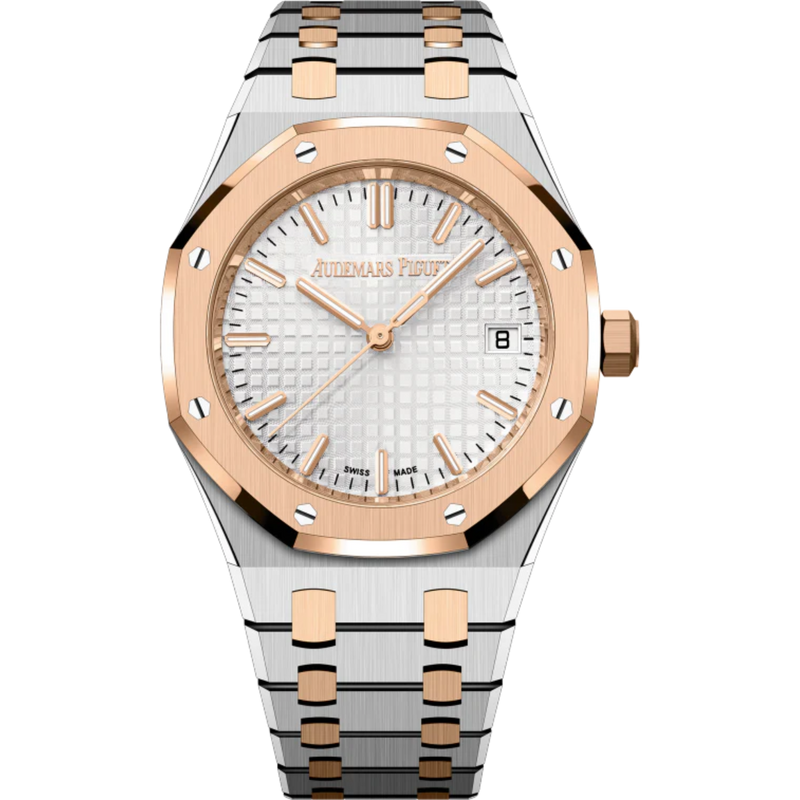 Royal Oak Selfwinding 34MM Stainless Steel Two-Toned Bracelet Silver-Toned Dial With Grande Tapisserie Pattern Stainless Steel Case and 18-Carat Pink Gold Bezel - Audemars Piguet