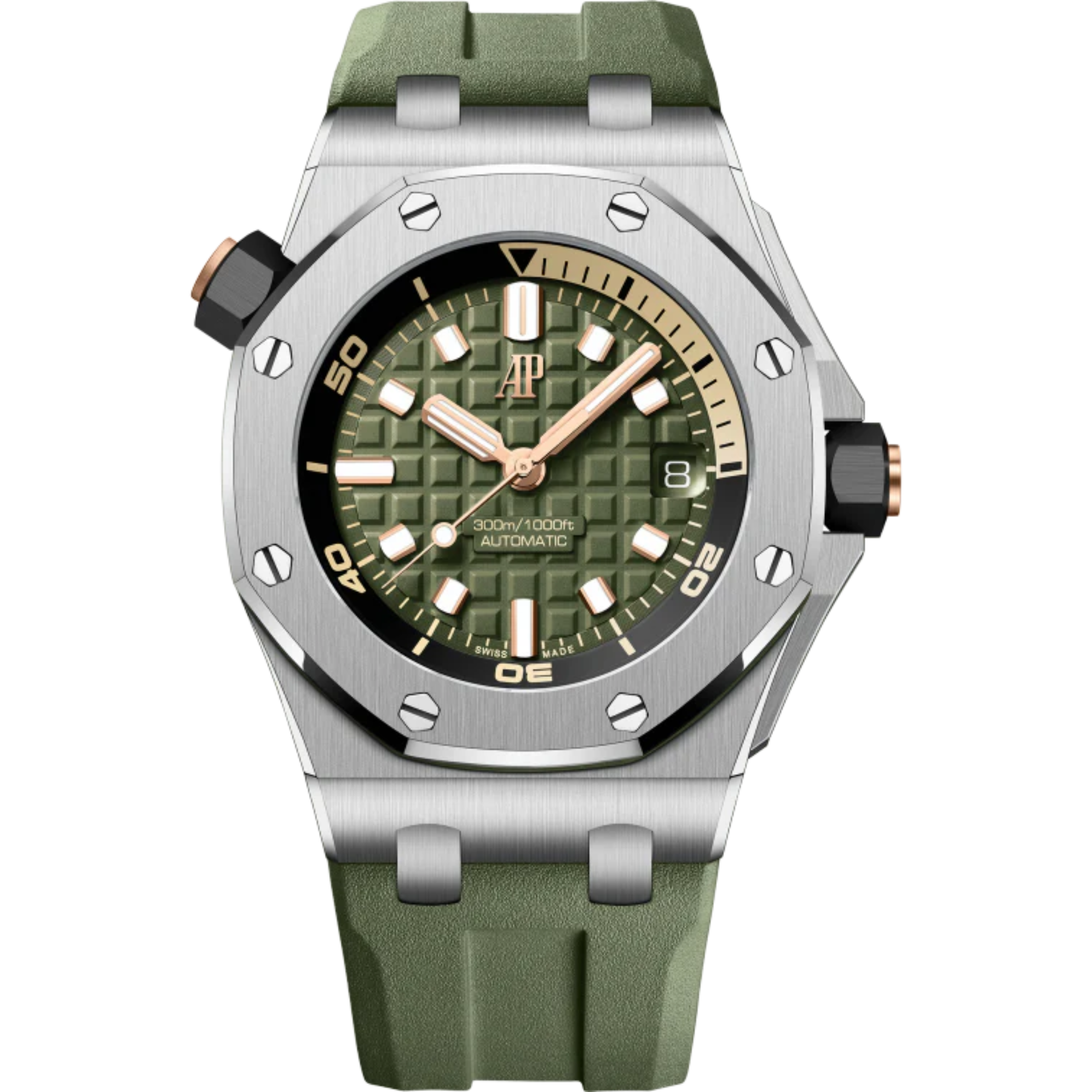 Royal Oak Offshore Diver 42MM Khaki Green Rubber Strap Khaki Green Dial With Méga Tapisserie Pattern Stainless Steel Case - Audemars Piguet