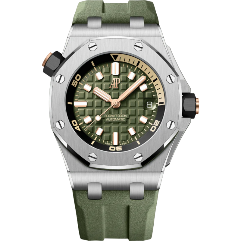 Royal Oak Offshore Diver 42MM Khaki Green Rubber Strap Khaki Green Dial With Méga Tapisserie Pattern Stainless Steel Case - Audemars Piguet