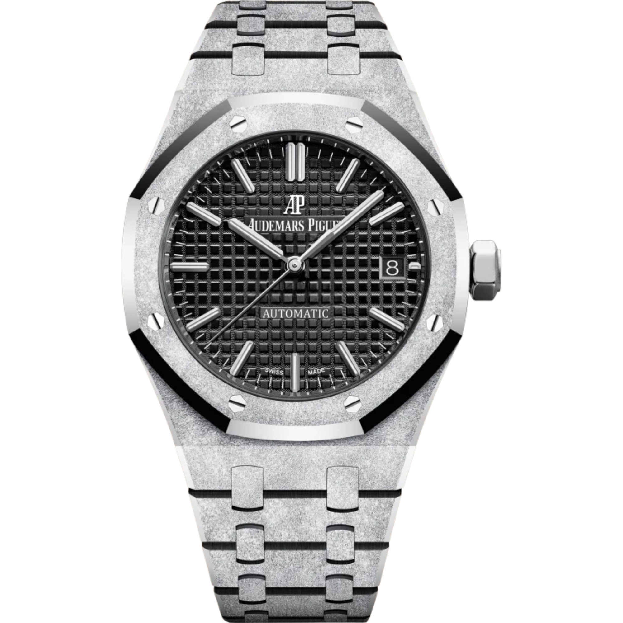 Royal Oak Frosted Gold Selfwinding 37MM Hammered 18-Carat White Gold Bracelet Black Dial With Grande Tapisserie Pattern Hammered 18-Carat White Gold Case - Audemars Piguet