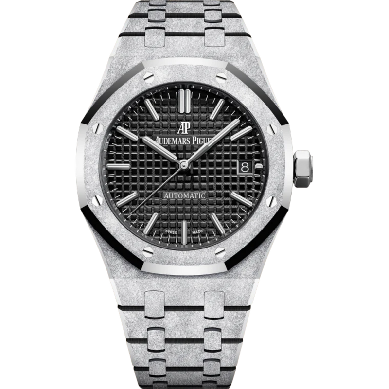 Royal Oak Frosted Gold Selfwinding 37MM Hammered 18-Carat White Gold Bracelet Black Dial With Grande Tapisserie Pattern Hammered 18-Carat White Gold Case - Audemars Piguet