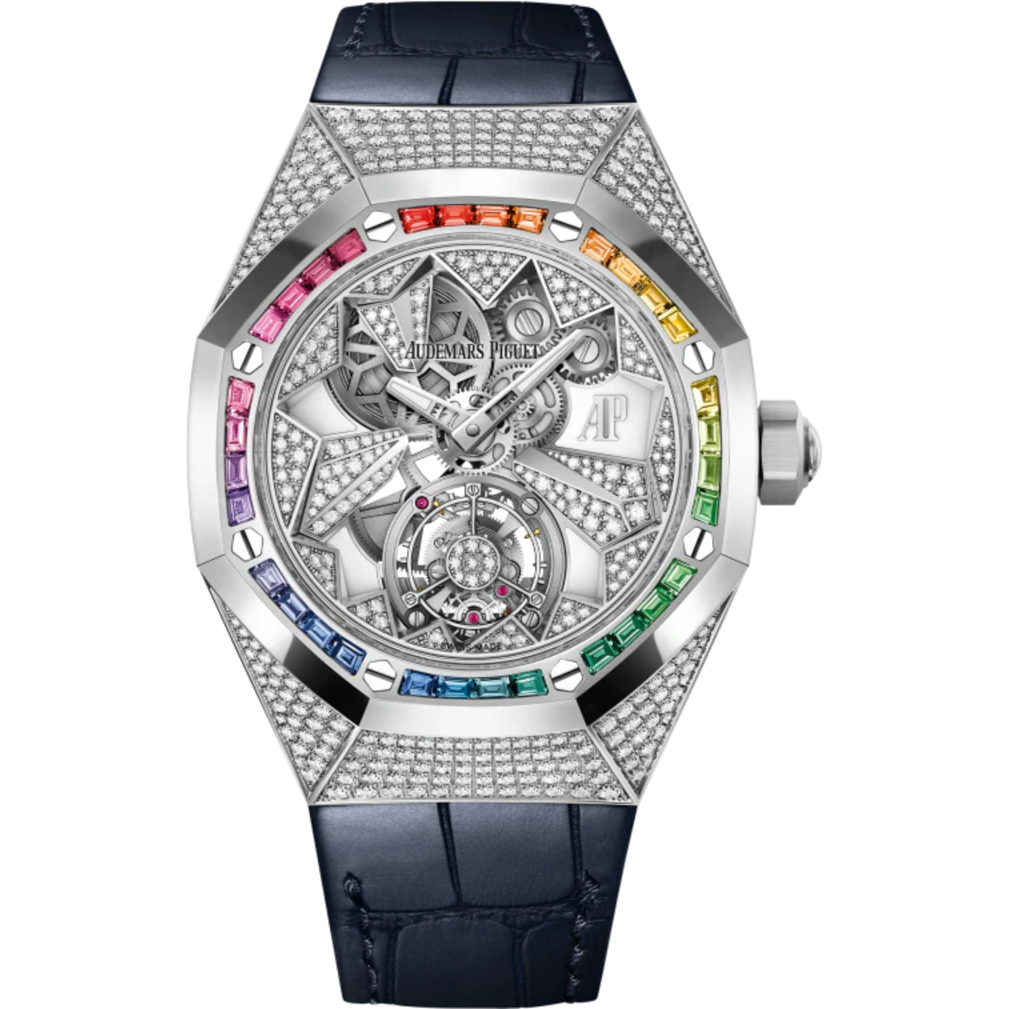 Royal Oak Concept 38.5mm Flying Tourbillon White Gold Diamonds Dial Gemstones Bezel Alligator Leather Strap - Audemars Piguet