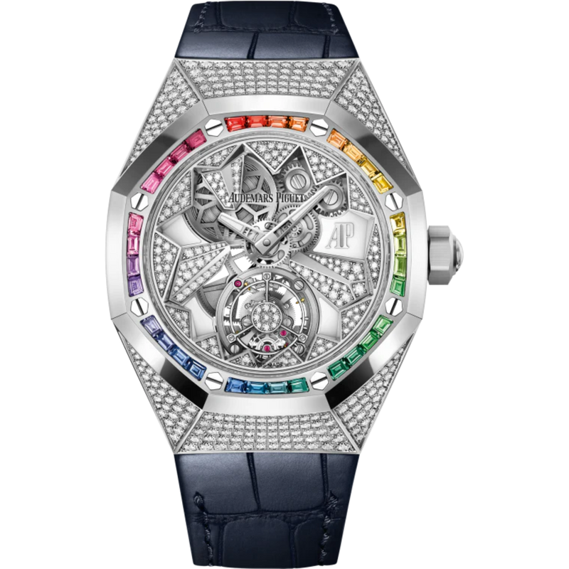 Royal Oak Concept 38.5mm Flying Tourbillon White Gold Diamonds Dial Gemstones Bezel Alligator Leather Strap - Audemars Piguet