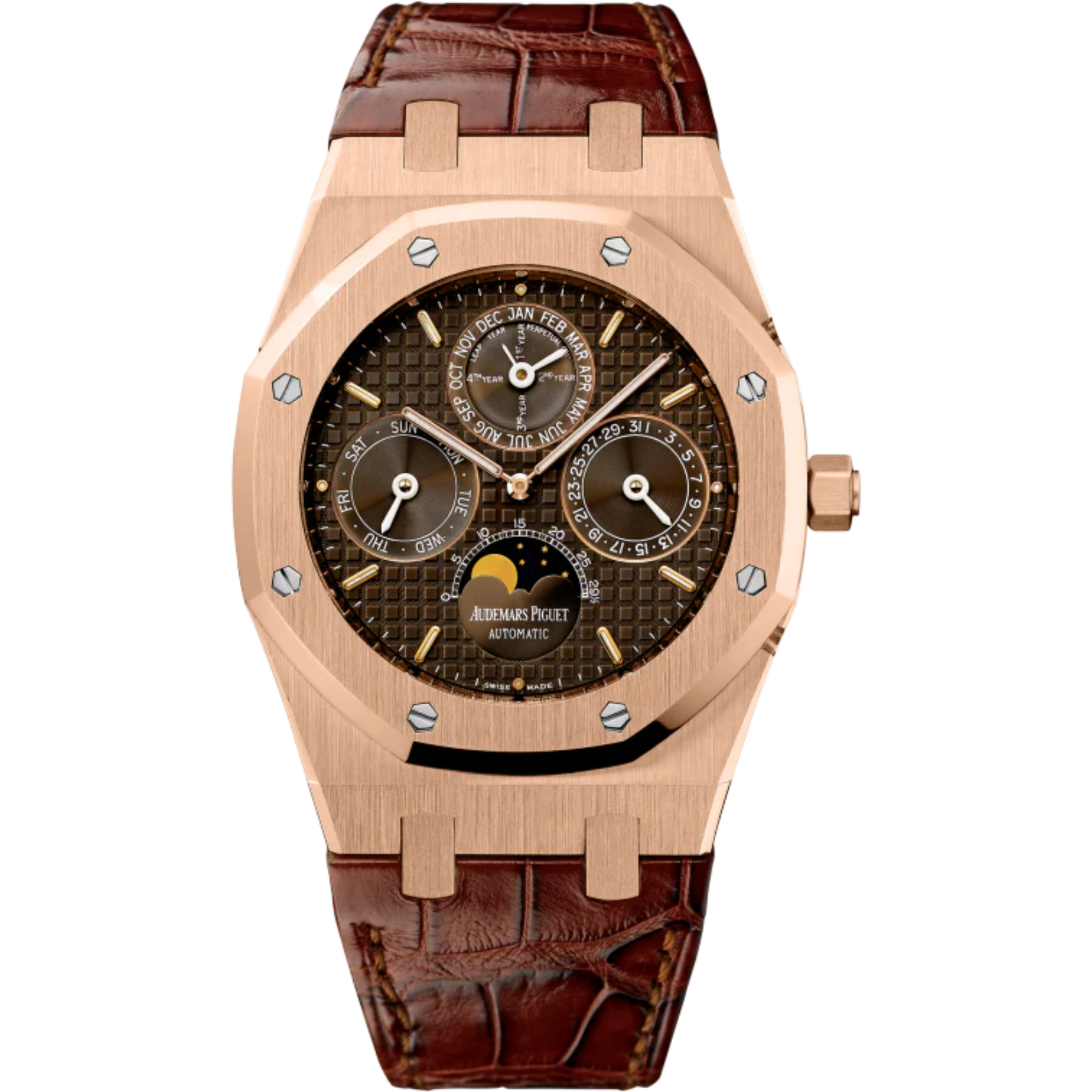 Royal Oak Perpetual Calendar 39MM Brown Alligator Strap Brown Chocolate Dial With Grande Tapisserie Pattern 18-Carat Pink Gold Case - Audemars Piguet
