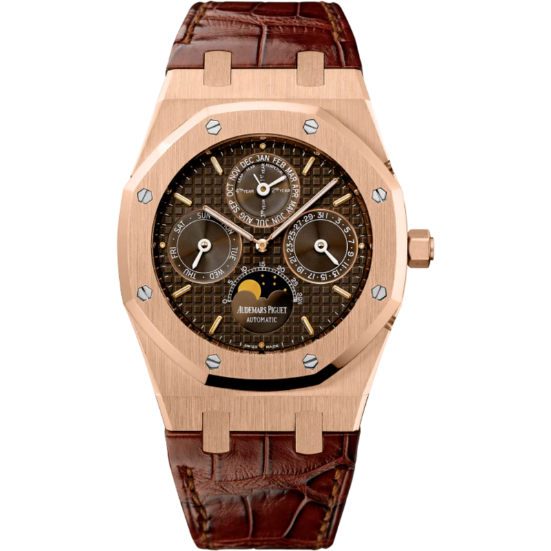 Royal Oak Perpetual Calendar 39MM Brown Alligator Strap Brown Chocolate Dial With Grande Tapisserie Pattern 18-Carat Pink Gold Case - Audemars Piguet
