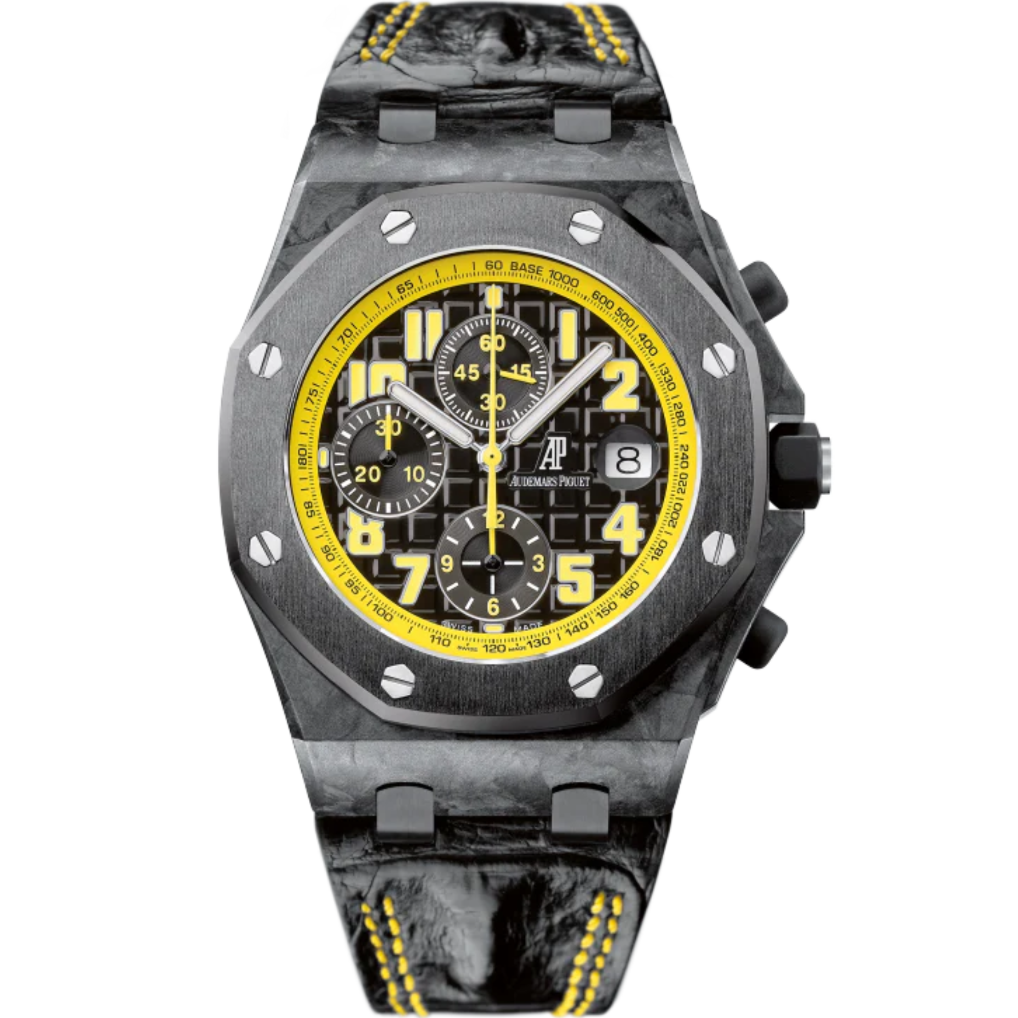 Royal Oak Offshore Chronograph 42MM Black Alligator Strap Black Dial With Méga Tapisserie Pattern Forged Carbon Case Black Ceramic Bezel - Audemars Piguet