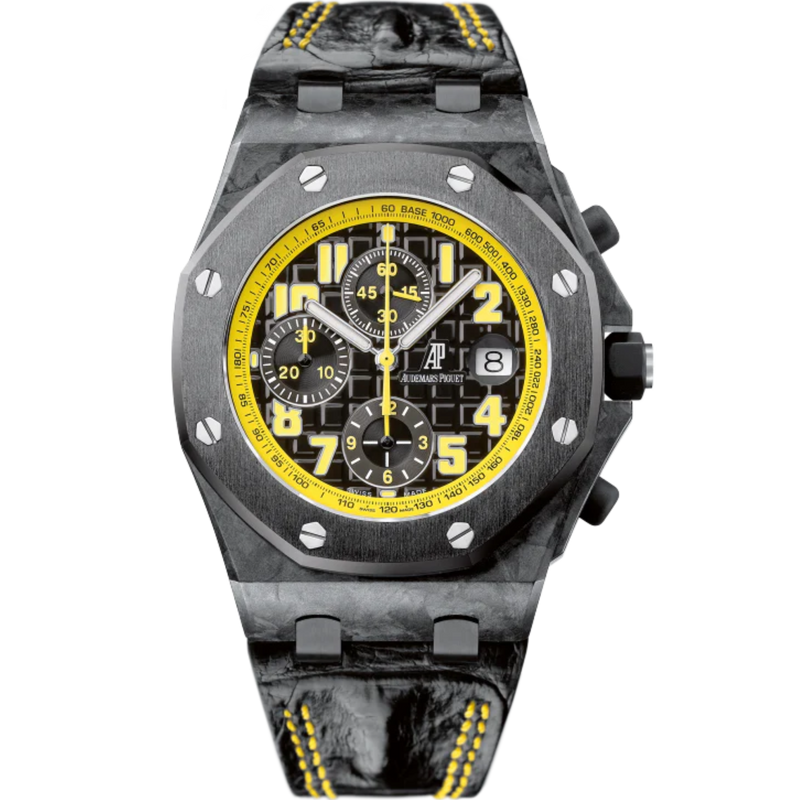Royal Oak Offshore Chronograph 42MM Black Alligator Strap Black Dial With Méga Tapisserie Pattern Forged Carbon Case Black Ceramic Bezel - Audemars Piguet