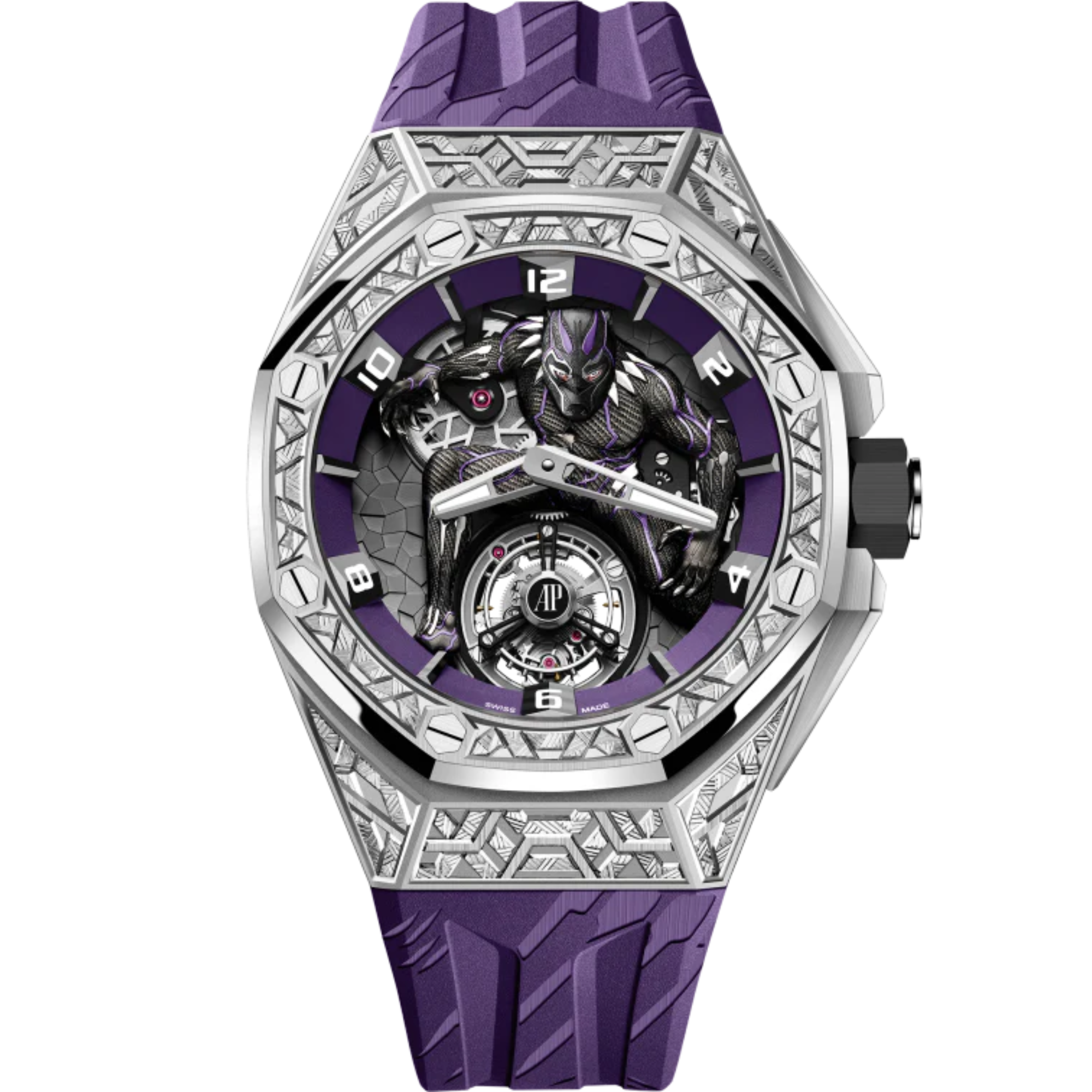 Royal Oak Concept 42MM Black Panther Flying Tourbillon Purple Rubber Strap White Gold 3D Black Panther Character Dial 18-Carat White Gold Case and Bezel - Audemars Piguet
