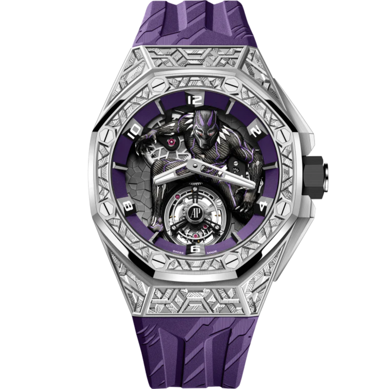 Royal Oak Concept 42MM Black Panther Flying Tourbillon Purple Rubber Strap White Gold 3D Black Panther Character Dial 18-Carat White Gold Case and Bezel - Audemars Piguet