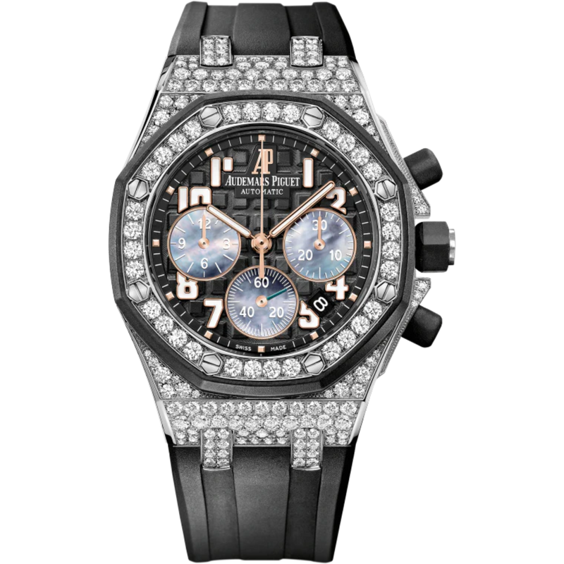 Royal Oak Offshore Ladycat Chronograph 37MM Black Rubber Strap Black Dial With Méga Tapisserie Patterns 18-Carat White Gold Case Diamond-Set Bezel - Audemars Piguet