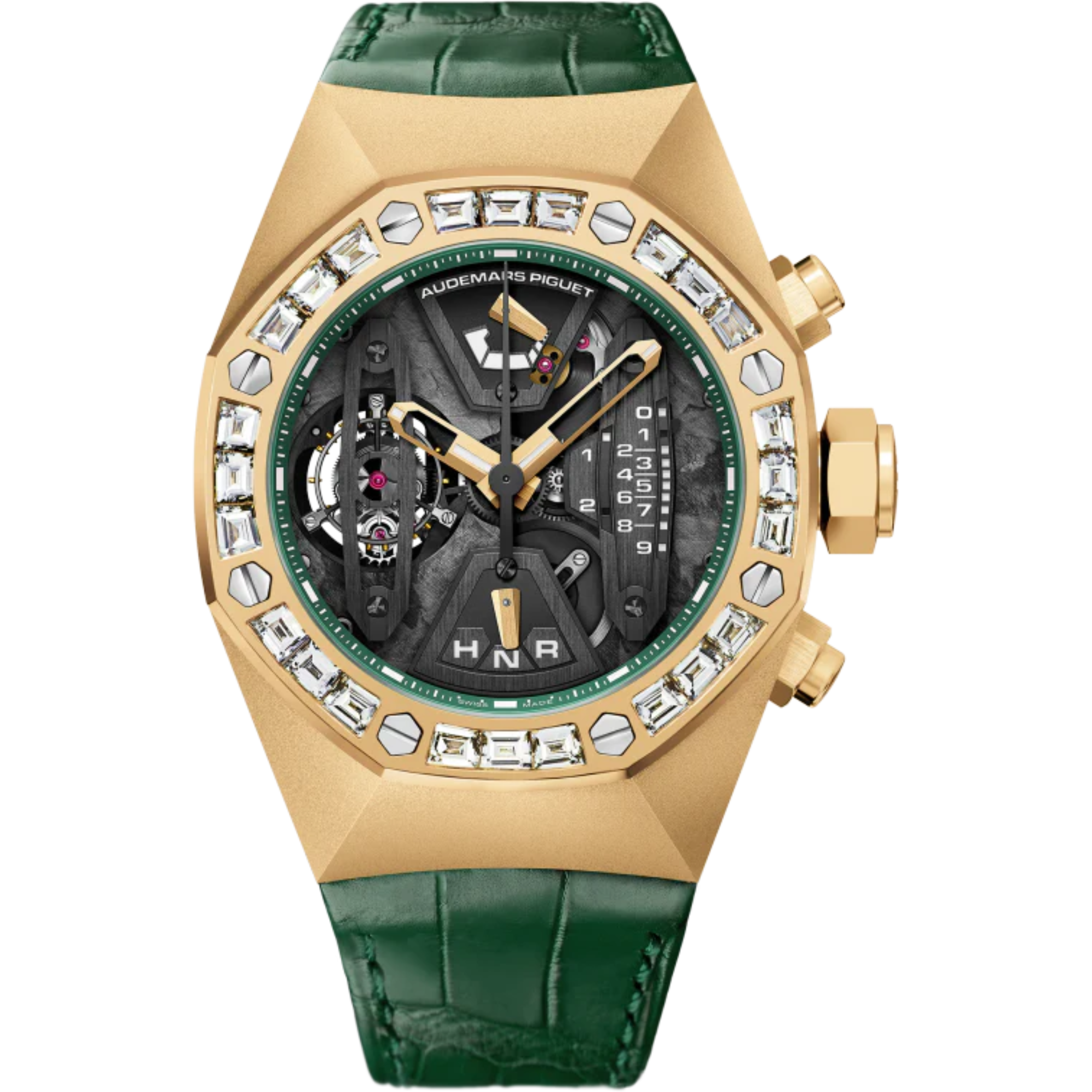 Royal Oak Concept 44MM Tourbillon Chronograph Green Alligator Strap 18-Carat Yellow Gold Case Bezel Set With Baguette-Cut Diamonds - Audemars Piguet
