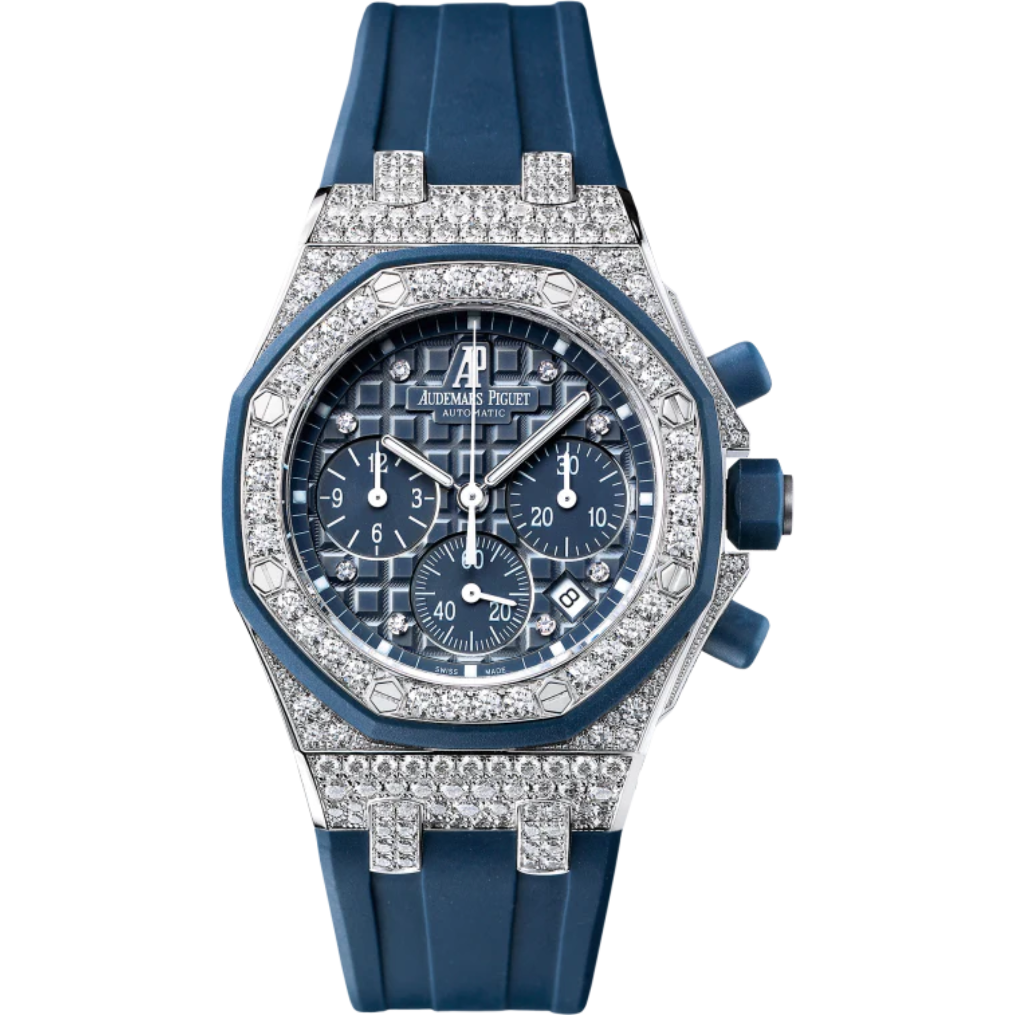 Royal Oak Offshore Chronograph 37MM Blue Rubber Strap Blue Dial With Méga Tapisserie Pattern 18-Carat White Gold Case Entirely Set With Diamonds Blue Rubber-Clad Bezel - Audemars Piguet