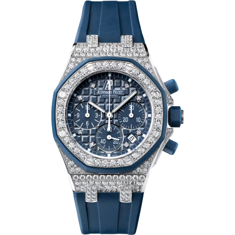 Royal Oak Offshore Chronograph 37MM Blue Rubber Strap Blue Dial With Méga Tapisserie Pattern 18-Carat White Gold Case Entirely Set With Diamonds Blue Rubber-Clad Bezel - Audemars Piguet