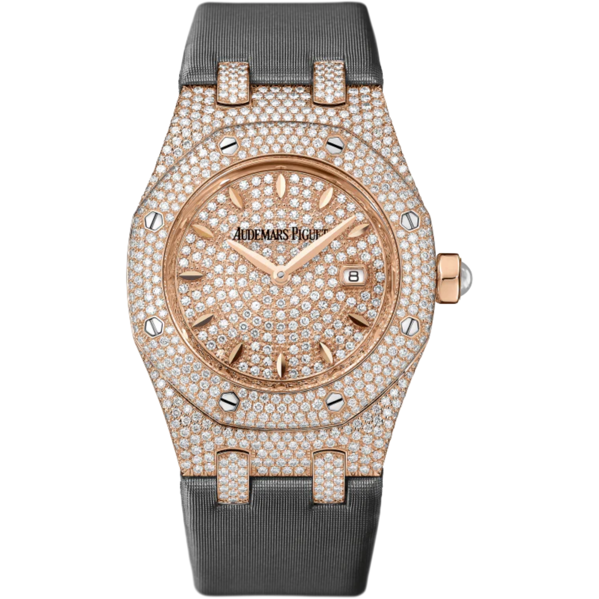 Royal Oak Quartz 33MM Technological Silk Dark Grey Strap Diamond-Paved Dial 18-Carat Pink Gold Case Entirely Set With Diamonds - Audemars Piguet