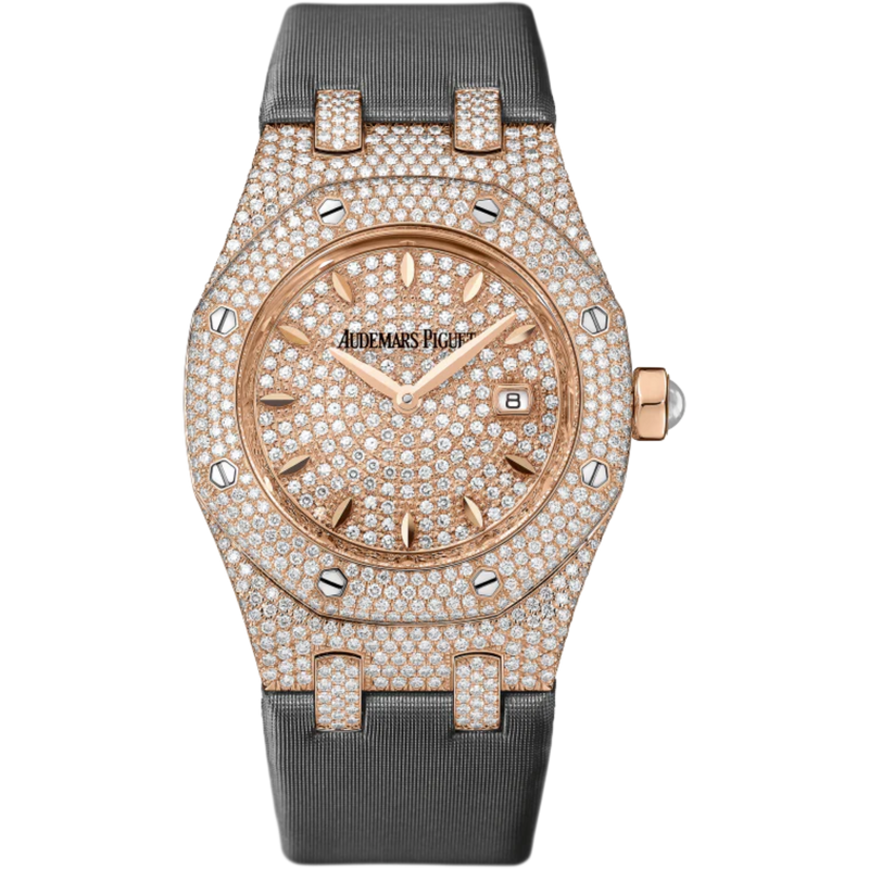 Royal Oak Quartz 33MM Technological Silk Dark Grey Strap Diamond-Paved Dial 18-Carat Pink Gold Case Entirely Set With Diamonds - Audemars Piguet