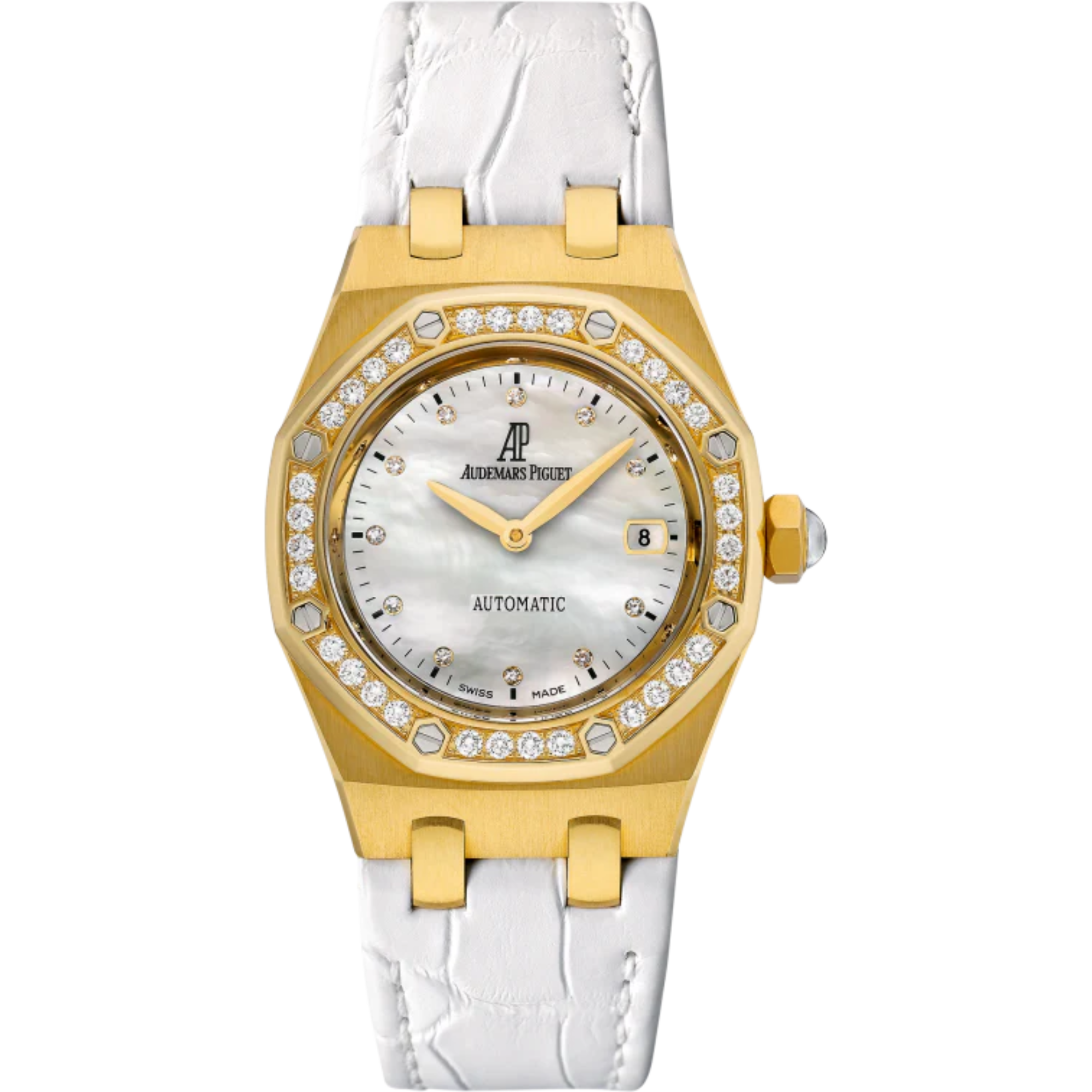 Royal Oak Selfwinding 33MM White Alligator Strap White Mother-Of-Pearl Dial 18-Carat Yellow Gold Case Bezel Set With Brilliant-Cut Diamonds - Audemars Piguet