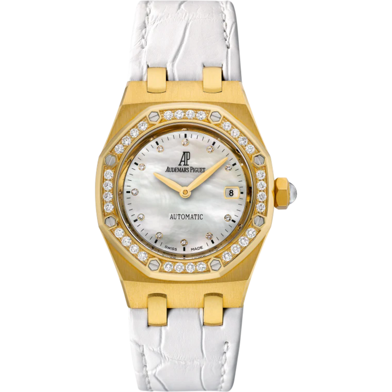 Royal Oak Selfwinding 33MM White Alligator Strap White Mother-Of-Pearl Dial 18-Carat Yellow Gold Case Bezel Set With Brilliant-Cut Diamonds - Audemars Piguet