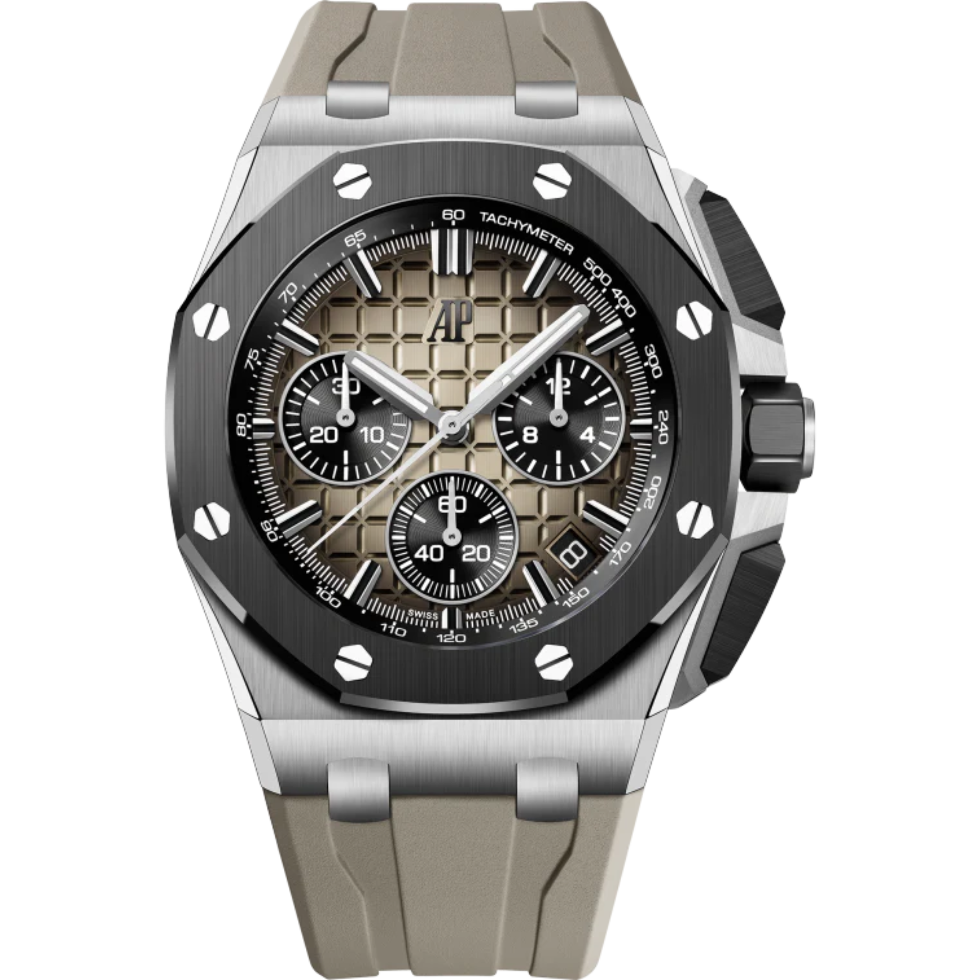Royal Oak Offshore Selfwinding Chronograph 43MM Light Brown Rubber Strap Smoked Light Brown Dial With Méga Tapisserie Pattern Stainless Steel Case Black Ceramic Bezel - Audemars Piguet