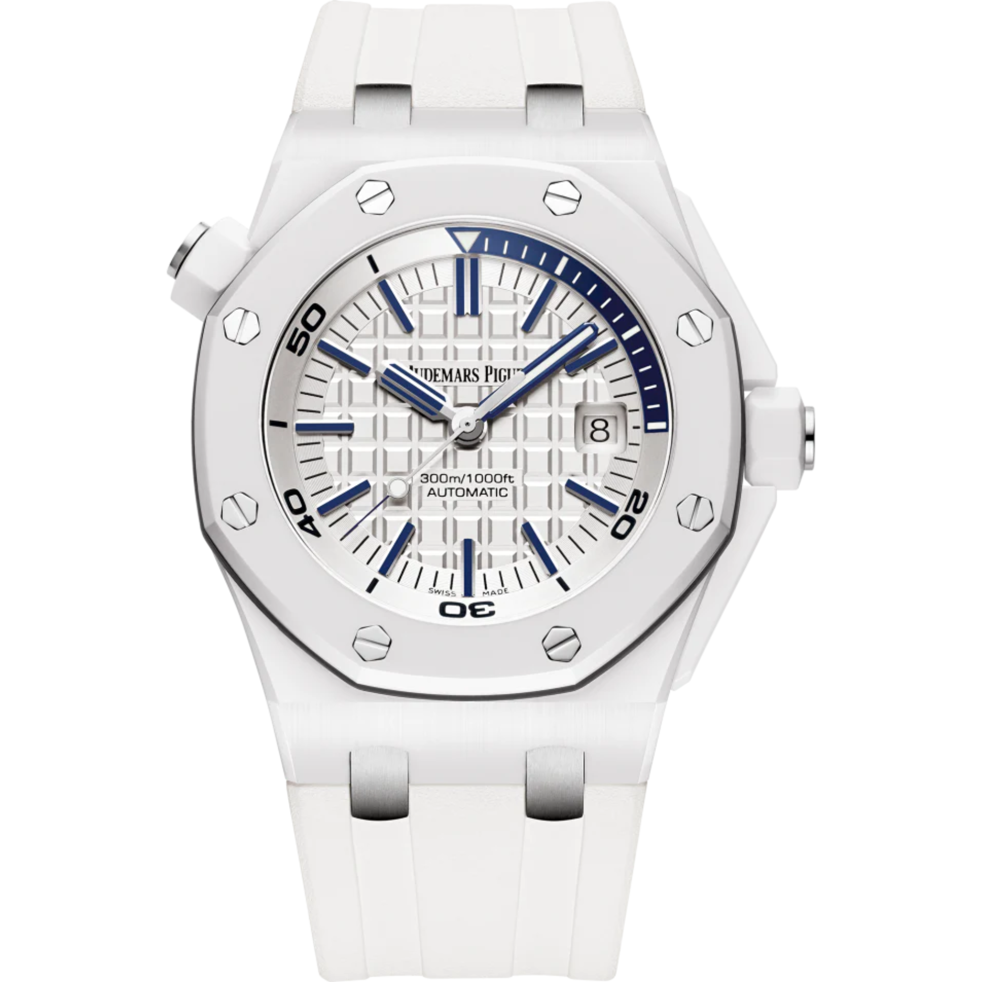 Royal Oak Offshore Diver 42MM White Rubber Strap Light Silver-Toned Dial With Méga Tapisserie Pattern White Ceramic Case and Bezel - Audemars Piguet