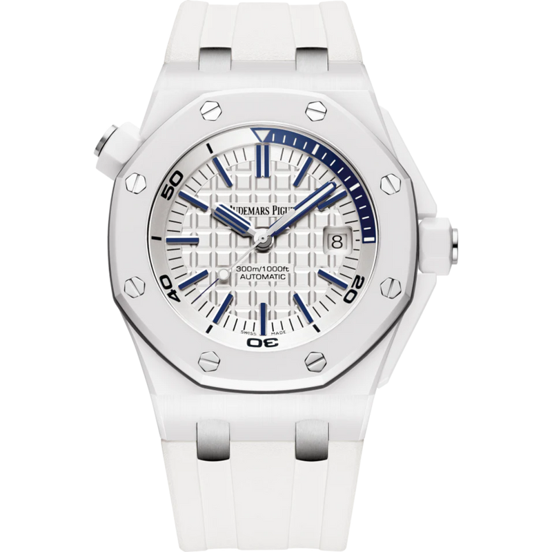Royal Oak Offshore Diver 42MM White Rubber Strap Light Silver-Toned Dial With Méga Tapisserie Pattern White Ceramic Case and Bezel - Audemars Piguet
