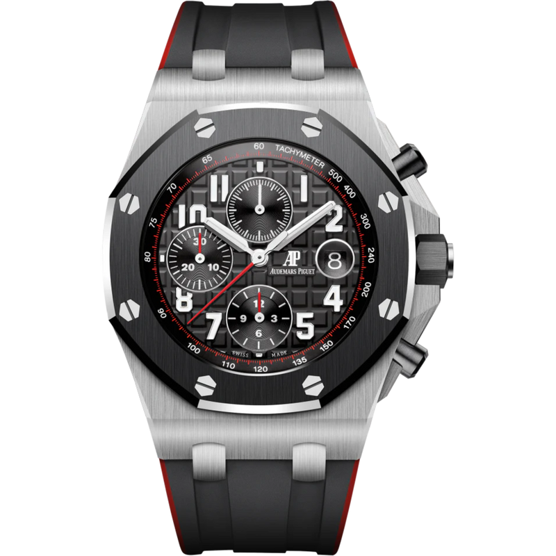 Royal Oak Offshore Chronograph 42MM Two-Tone Black and Red Rubber Strap Black Dial With Méga Tapisserie Pattern Stainless Steel Case Black Ceramic Bezel - Audemars Piguet