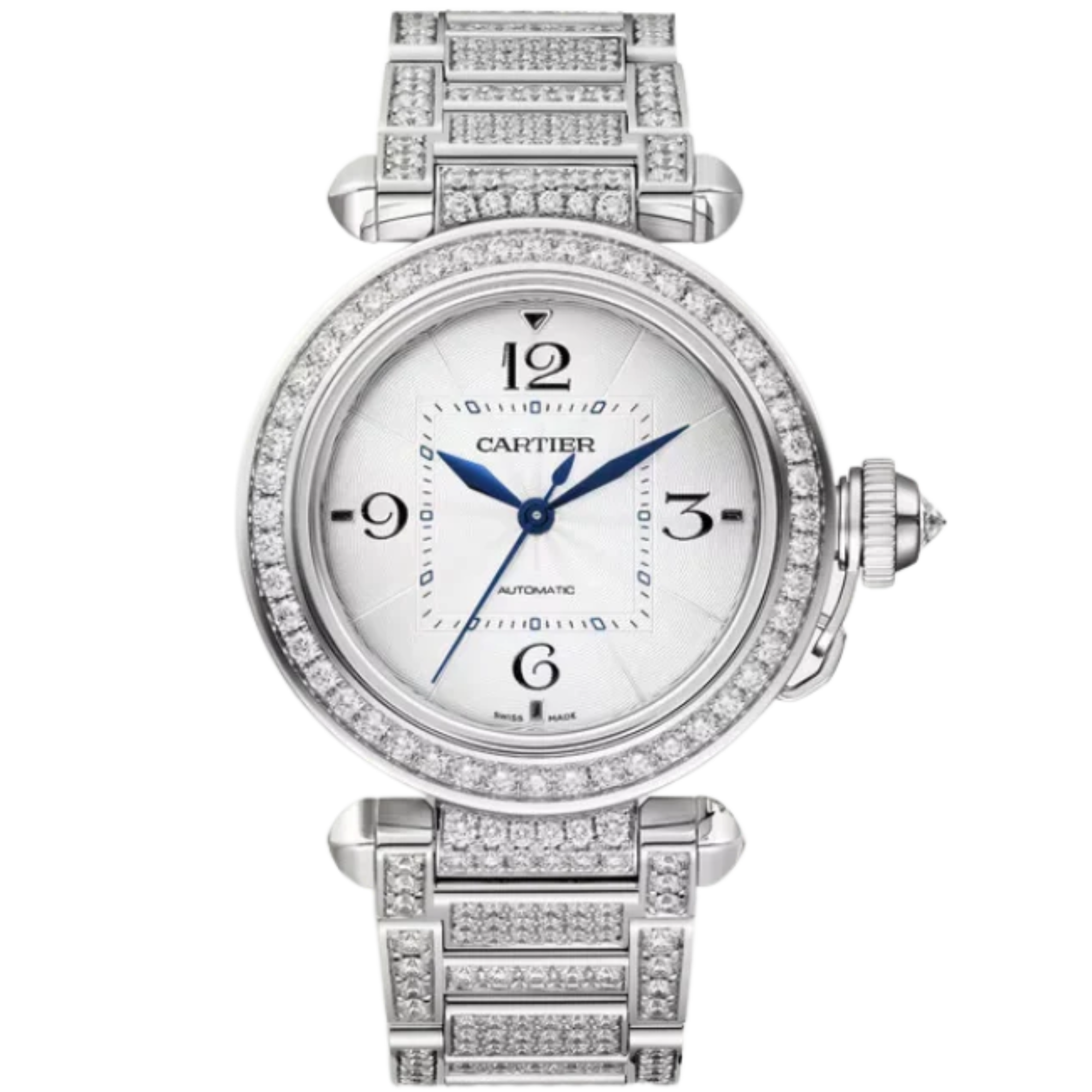 PASHA DE CARTIER 35 MM RHODIUMIZED 18K WHITE GOLD WITH SILVER FLINQUE DIAL - Cartier