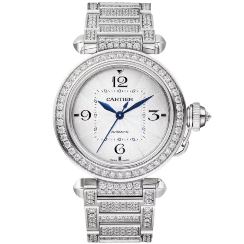 PASHA DE CARTIER 35 MM RHODIUMIZED 18K WHITE GOLD WITH SILVER FLINQUE DIAL - Cartier