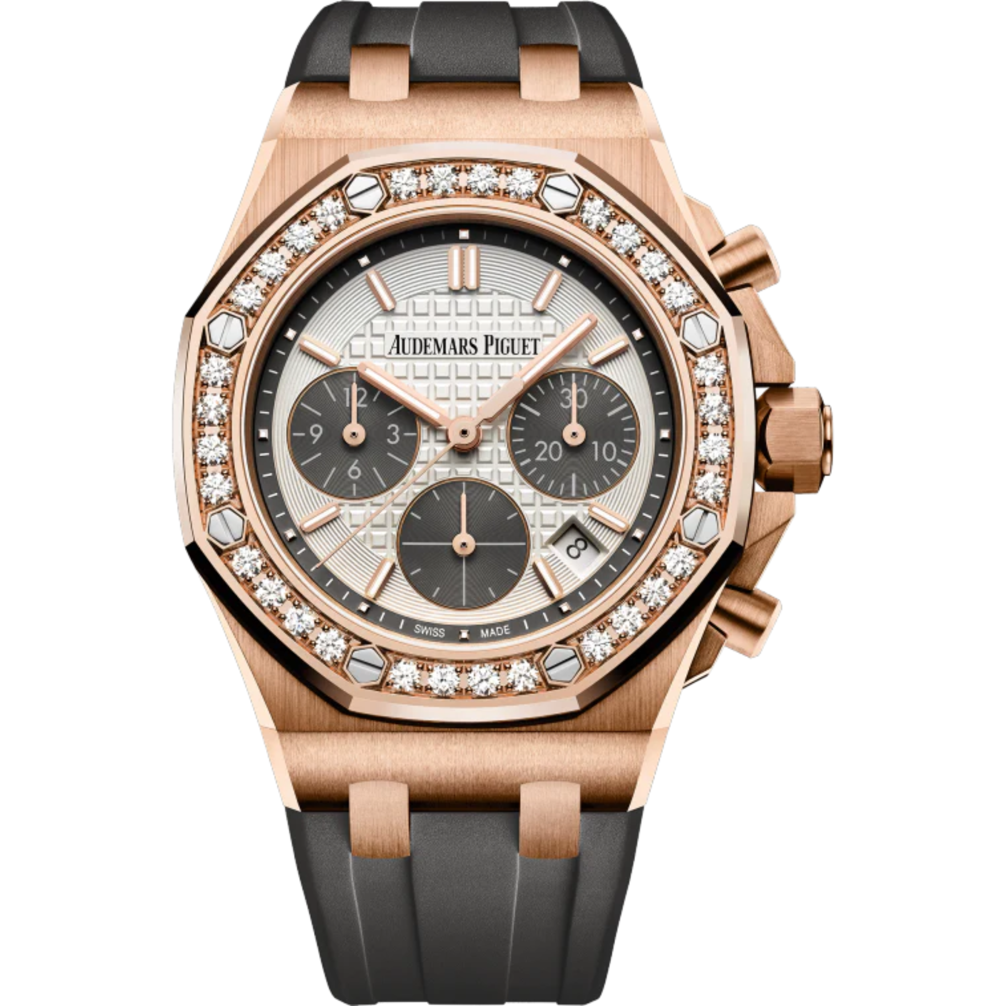 Royal Oak Offshore Selfwinding Chronograph 37MM Grey Rubber Strap Silver-Toned Dial With Lady Tapisserie Pattern 18-Carat Pink Gold Case Diamond-Set Bezel - Audemars Piguet