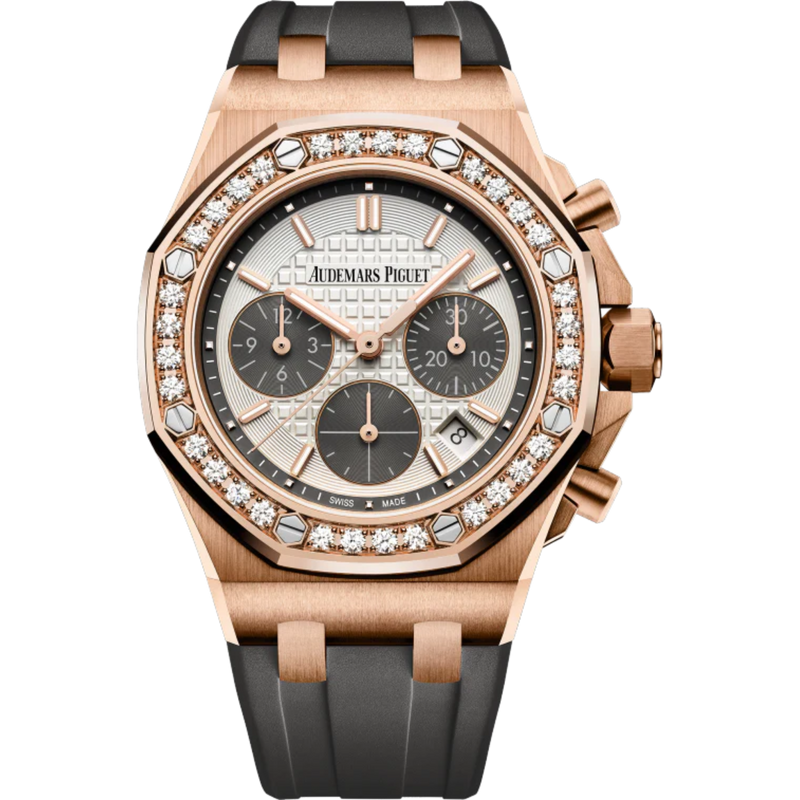 Royal Oak Offshore Selfwinding Chronograph 37MM Grey Rubber Strap Silver-Toned Dial With Lady Tapisserie Pattern 18-Carat Pink Gold Case Diamond-Set Bezel - Audemars Piguet