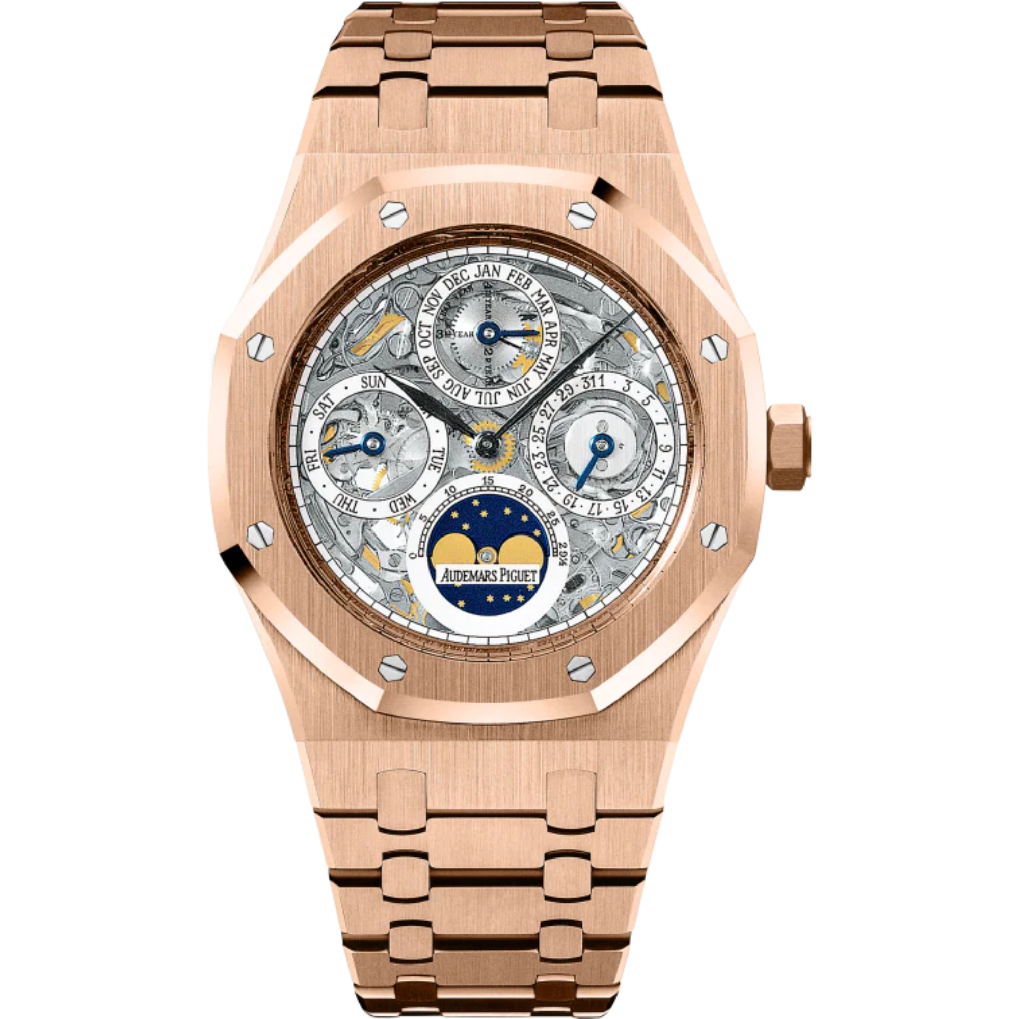 Royal Oak Openworked Perpetual Calendar 39MM 18-Carat Pink Gold Bracelet Sapphire Dial With White Indicators 18-Carat Pink Gold Case - Audemars Piguet