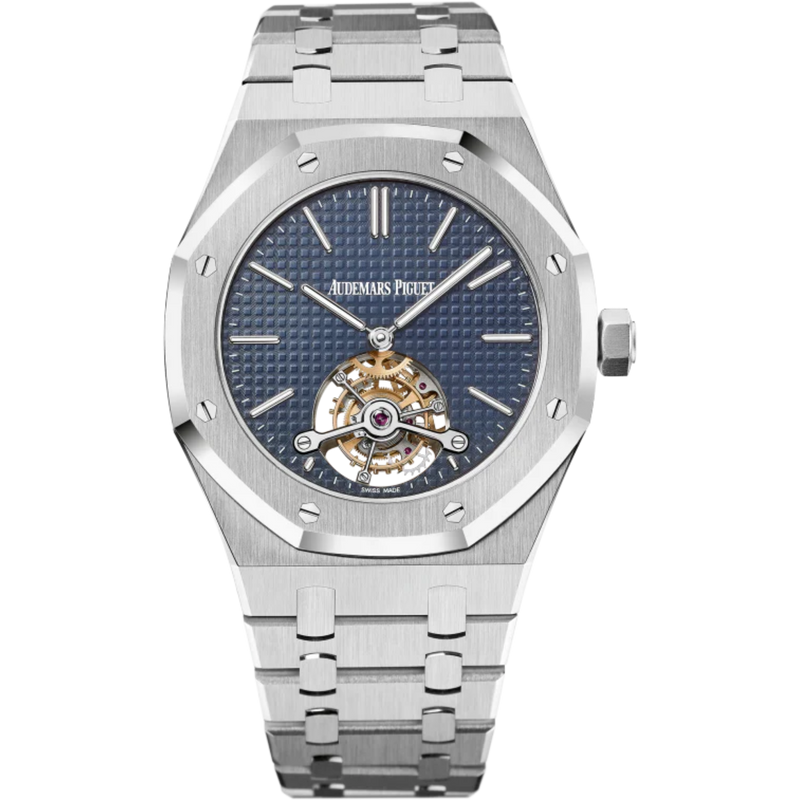 Royal Oak Tourbillon Extra-Thin 41MM Stainless Steel Bracelet Blue Dial With Petite Tapisserie Pattern Stainless Steel Case Black Rubber-Clad Bezel - Audemars Piguet