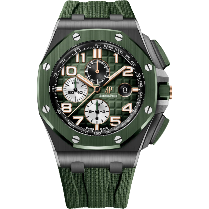 Royal Oak Offshore Selfwinding Chronograph 44MM Green Rubber Strap With Textile Decoration Smoked Green Dial With Mega Tapisserie Pattern Black Ceramic Case Green Ceramic Bezel - Audemars Piguet