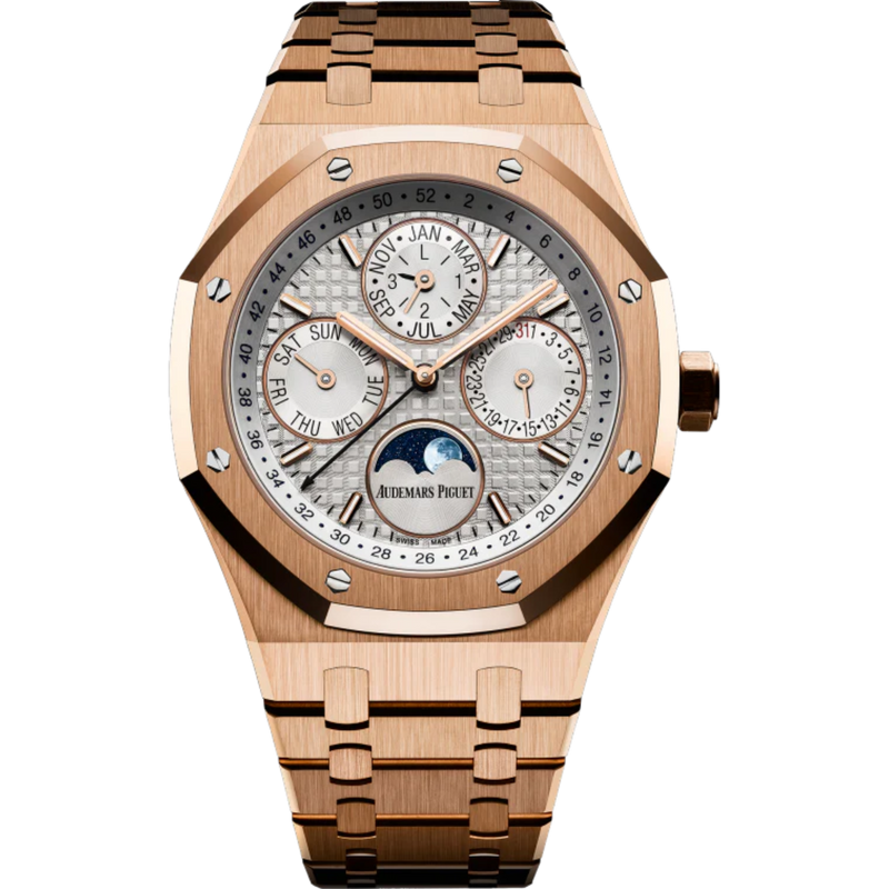 Royal Oak Perpetual Calendar 41MM 18-Carat Pink Gold Bracelet Silver-Toned Dial With Grande Tapisserie Pattern 18-Carat Pink Gold Case - Audemars Piguet