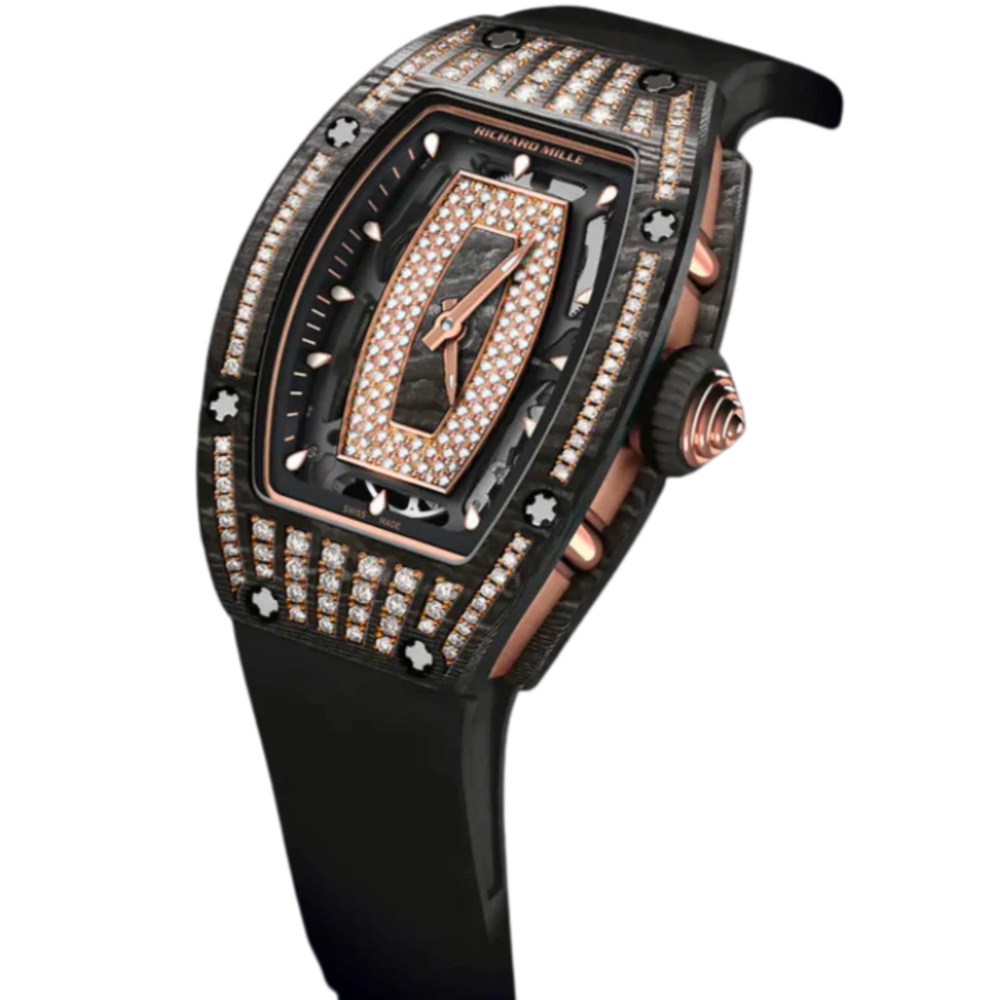 Rm 07-01 18K Rose Gold Carbon TPT Diamond Set Black Rubber Strap Carbon TPT and Rose Gold Case - Richard Mille
