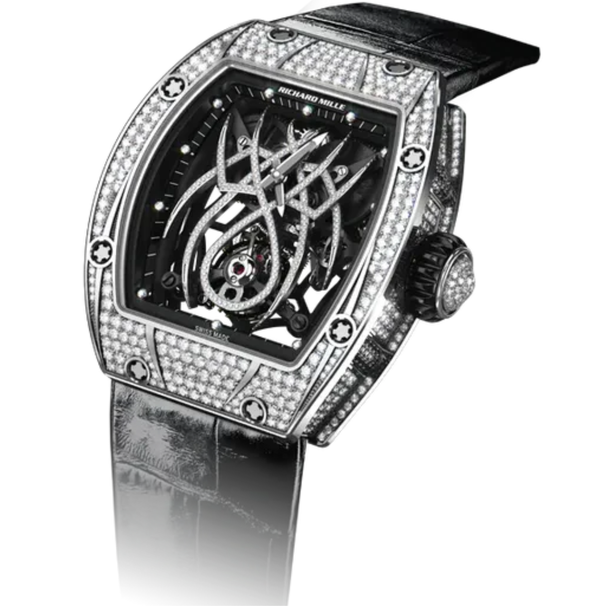 RM 19-01 Tourbillon Spider Black Alligator Strap Spider in Rhodium-Plated White Gold Set With Diamonds Dial White Gold Diamond Set Case - Richard Mille