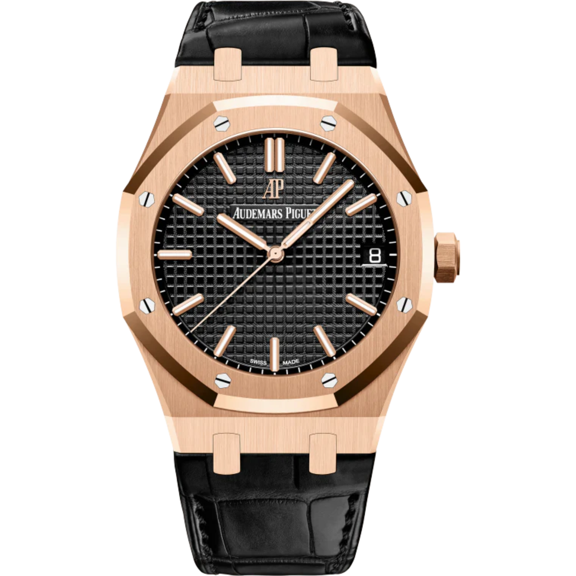 Royal Oak Selfwinding 41MM Black Alligator Strap Black Dial With Grande Tapisserie Pattern 18-Carat Pink Gold Case - Audemars Piguet