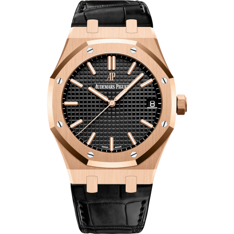 Royal Oak Selfwinding 41MM Black Alligator Strap Black Dial With Grande Tapisserie Pattern 18-Carat Pink Gold Case - Audemars Piguet