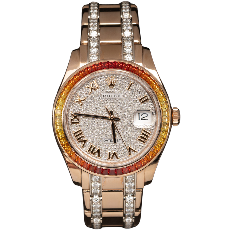 Rolex Datejust Ref. 86345SAJOR 39MM Rose Gold Pearlmaster Pave Dial/Bracelet with Orange/Yellow Gradient Baguette Cut Sapphires - Rolex