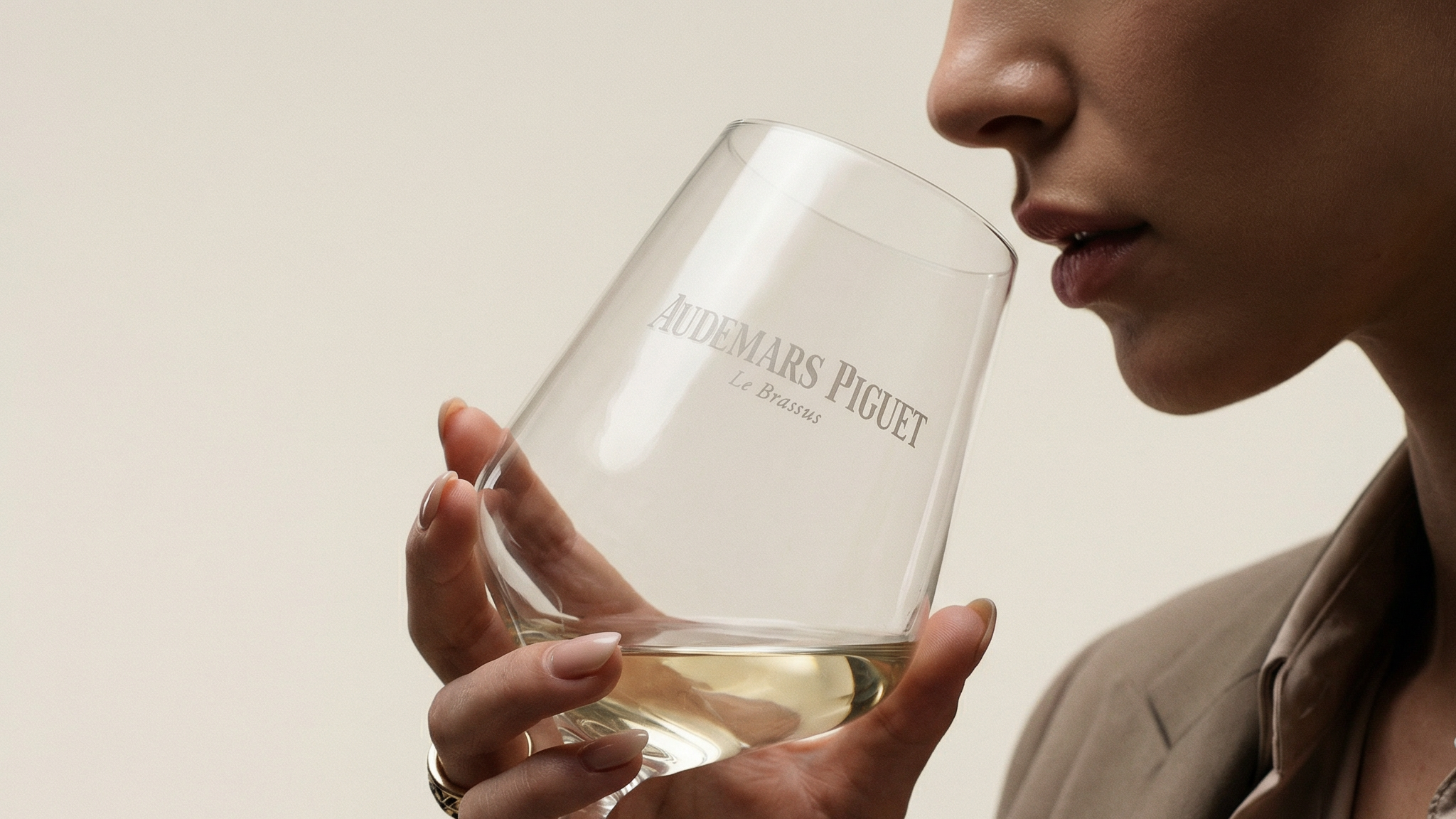 Person holding a Moet & Chandon champagne glass against a neutral background