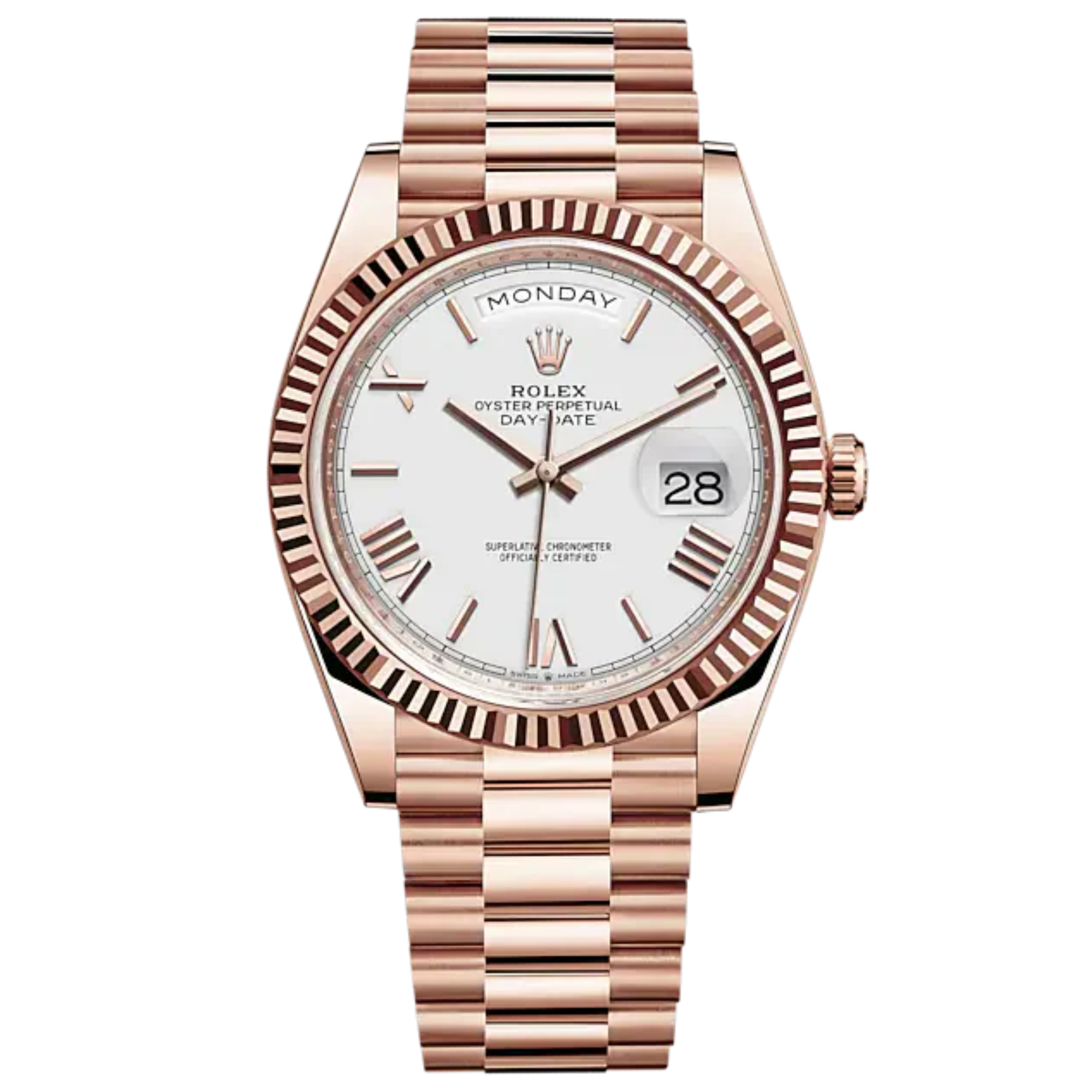 DAY-DATE 40 Rose Gold Jubilee Bracelet White Dial Fluted Bezel - Rolex