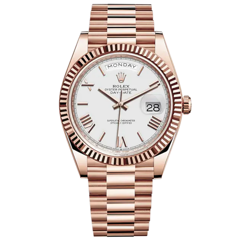 DAY-DATE 40 Rose Gold Jubilee Bracelet White Dial Fluted Bezel - Rolex