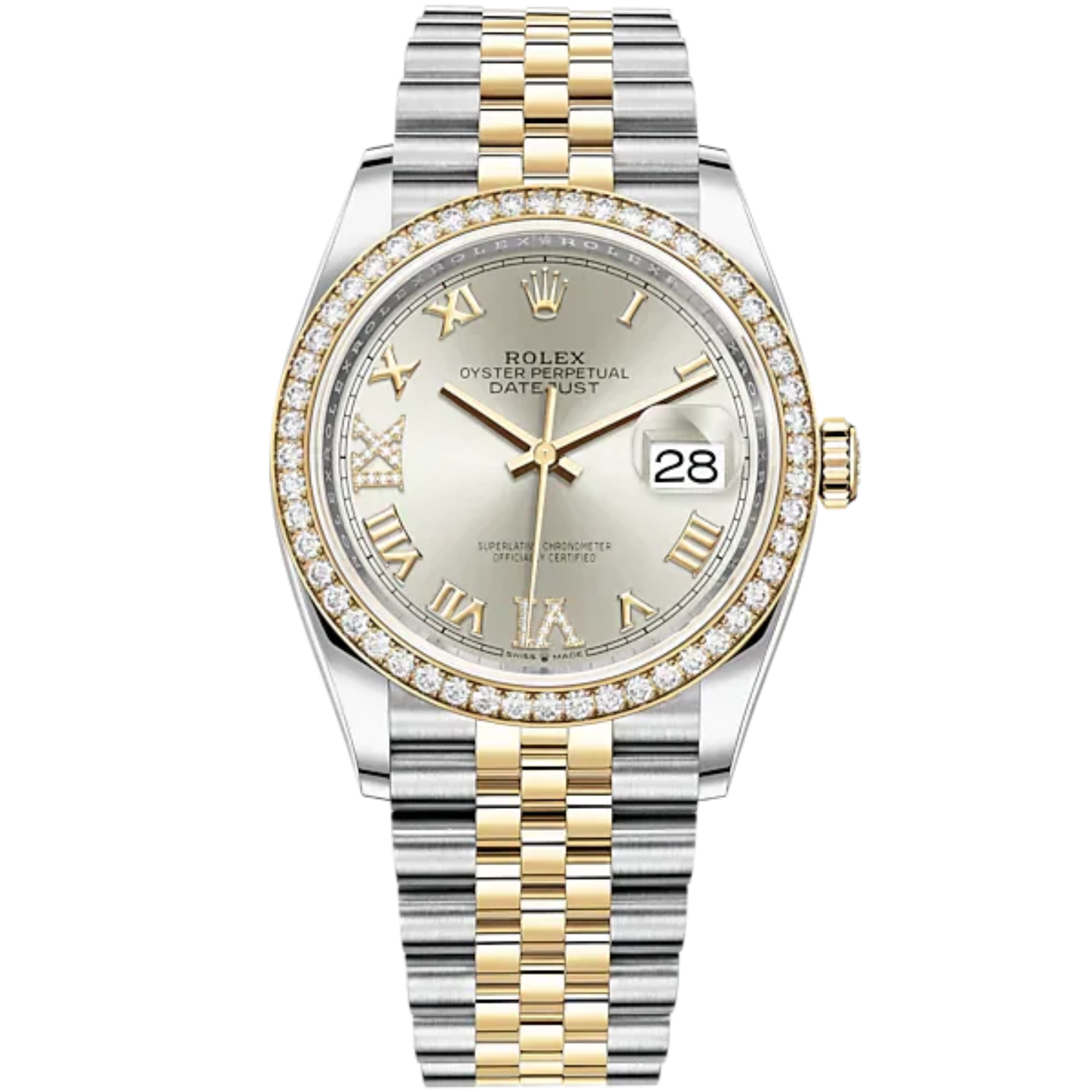 Datejust 36 36mm Oystersteel and Yellow Gold Jubilee Bracelet Silver Diamond-set Dial Diamond-set Bezel - Rolex