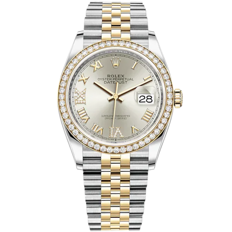 Datejust 36 36mm Oystersteel and Yellow Gold Jubilee Bracelet Silver Diamond-set Dial Diamond-set Bezel - Rolex
