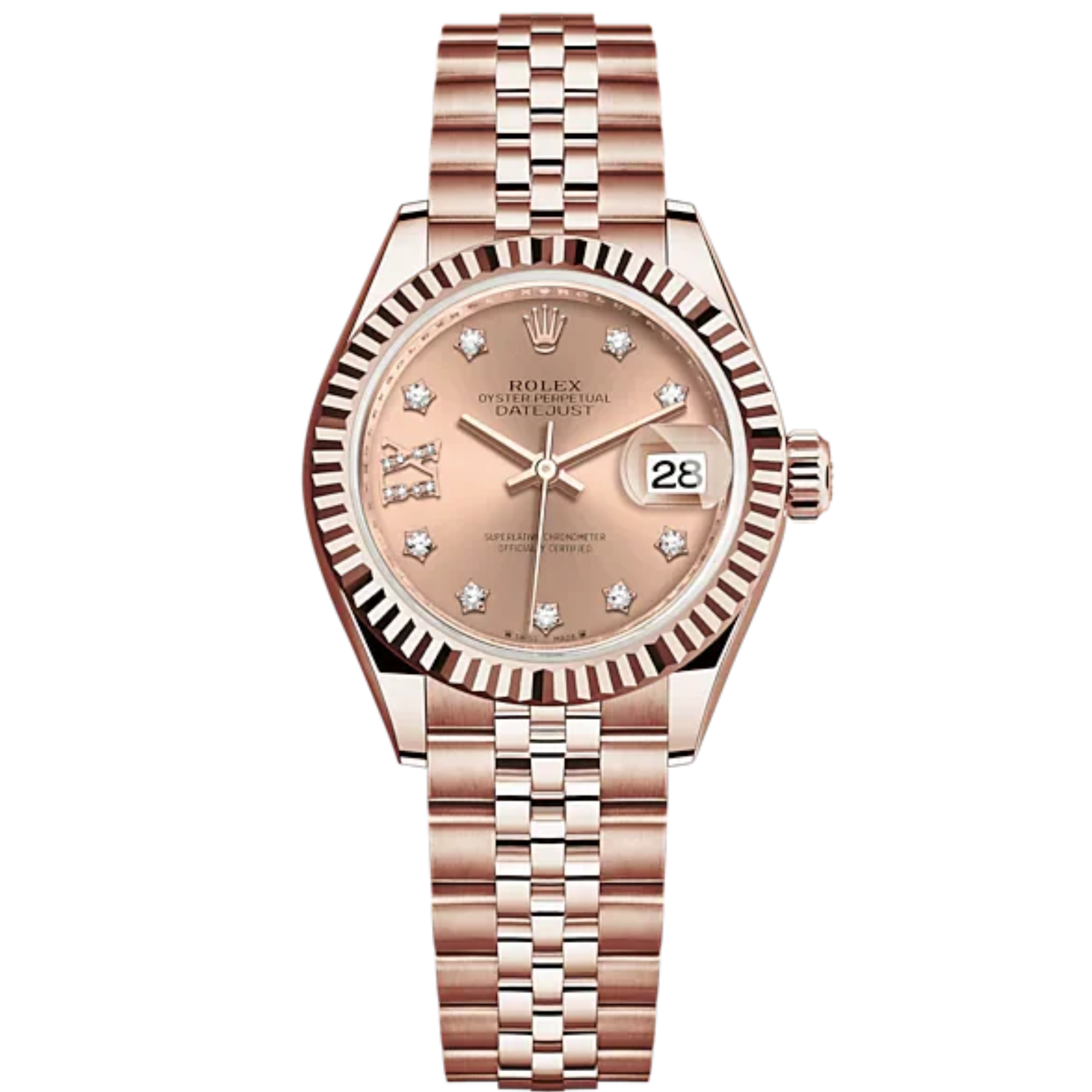 Lady-DateJust 28mm Jubilee Bracelet and 18 KT Everose Gold with Rosé-Colour Dial Diamond-Set Dial Fluted Bezel - Rolex