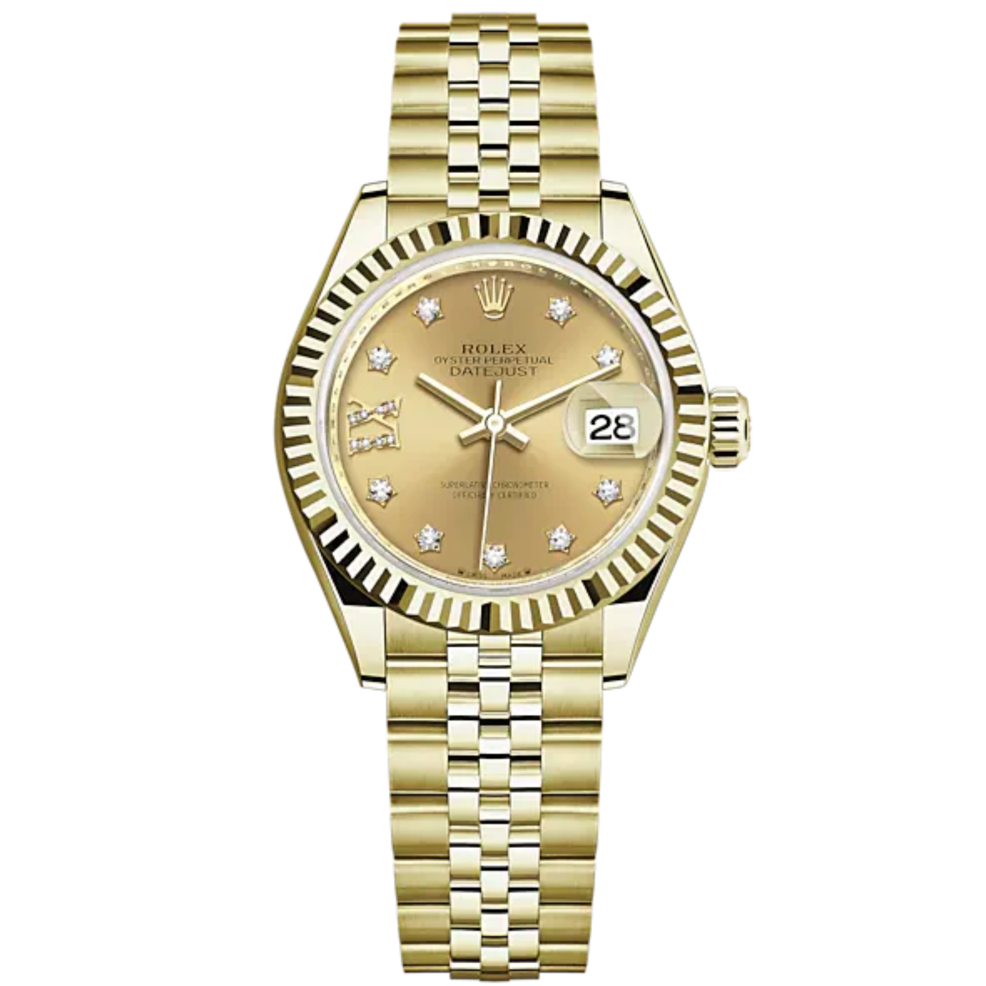 Lady-DateJust 28mm Jubilee Bracelet and 18 KT Yellow Gold with Champagne-Colour Dial Diamond-Set Dial Fluted Bezel - Rolex