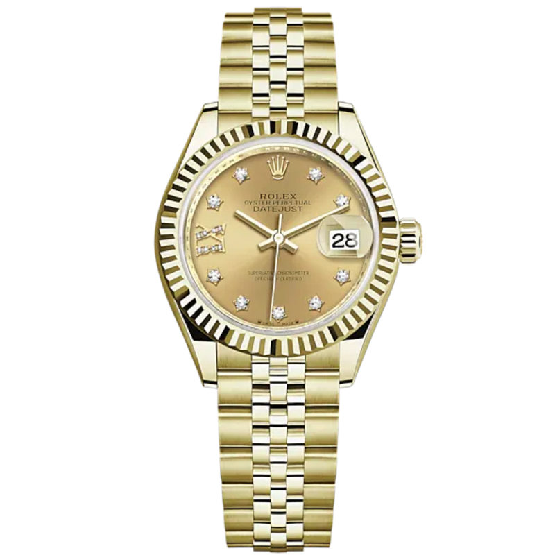 Lady-DateJust 28mm Jubilee Bracelet and 18 KT Yellow Gold with Champagne-Colour Dial Diamond-Set Dial Fluted Bezel - Rolex