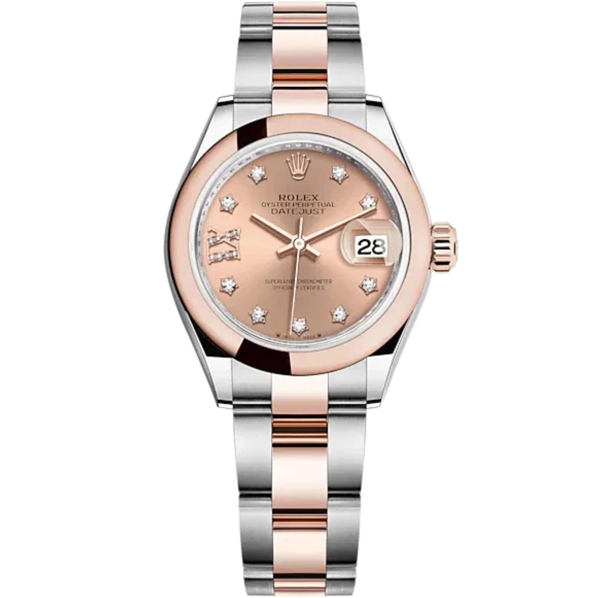 Lady-DateJust 28mm Oyster Oystersteel Bracelet and Everose Gold with Rosé-Colour Dial Diamond-Set Dial Domed Bezel - Rolex