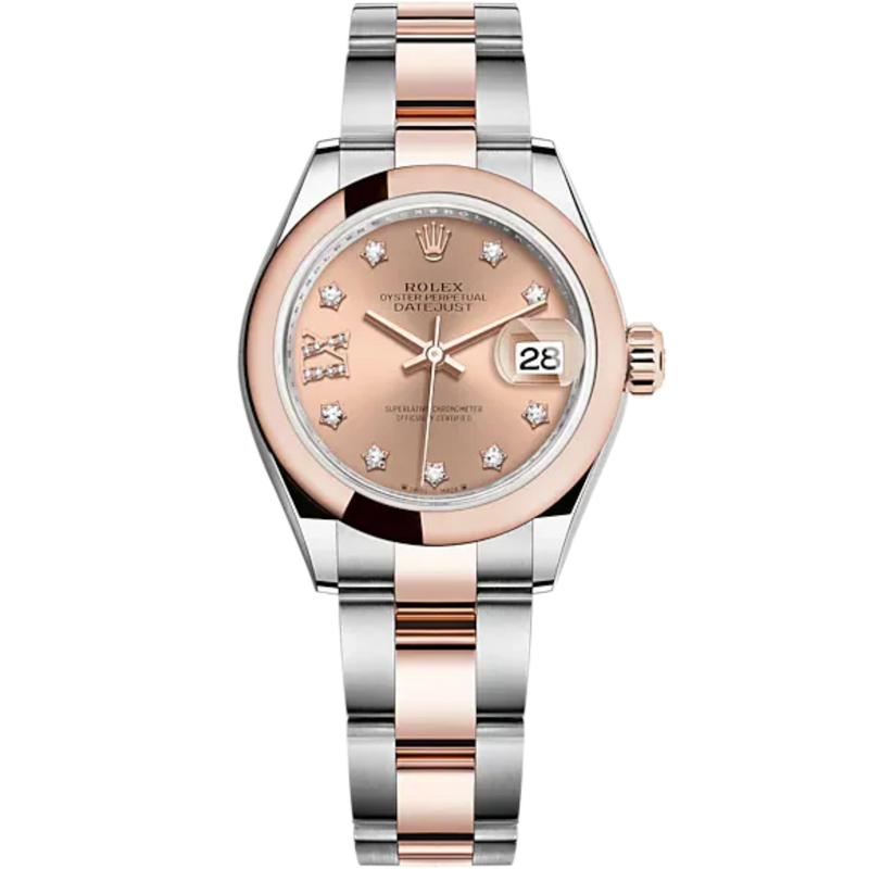 Lady-DateJust 28mm Oyster Oystersteel Bracelet and Everose Gold with Rosé-Colour Dial Diamond-Set Dial Domed Bezel - Rolex
