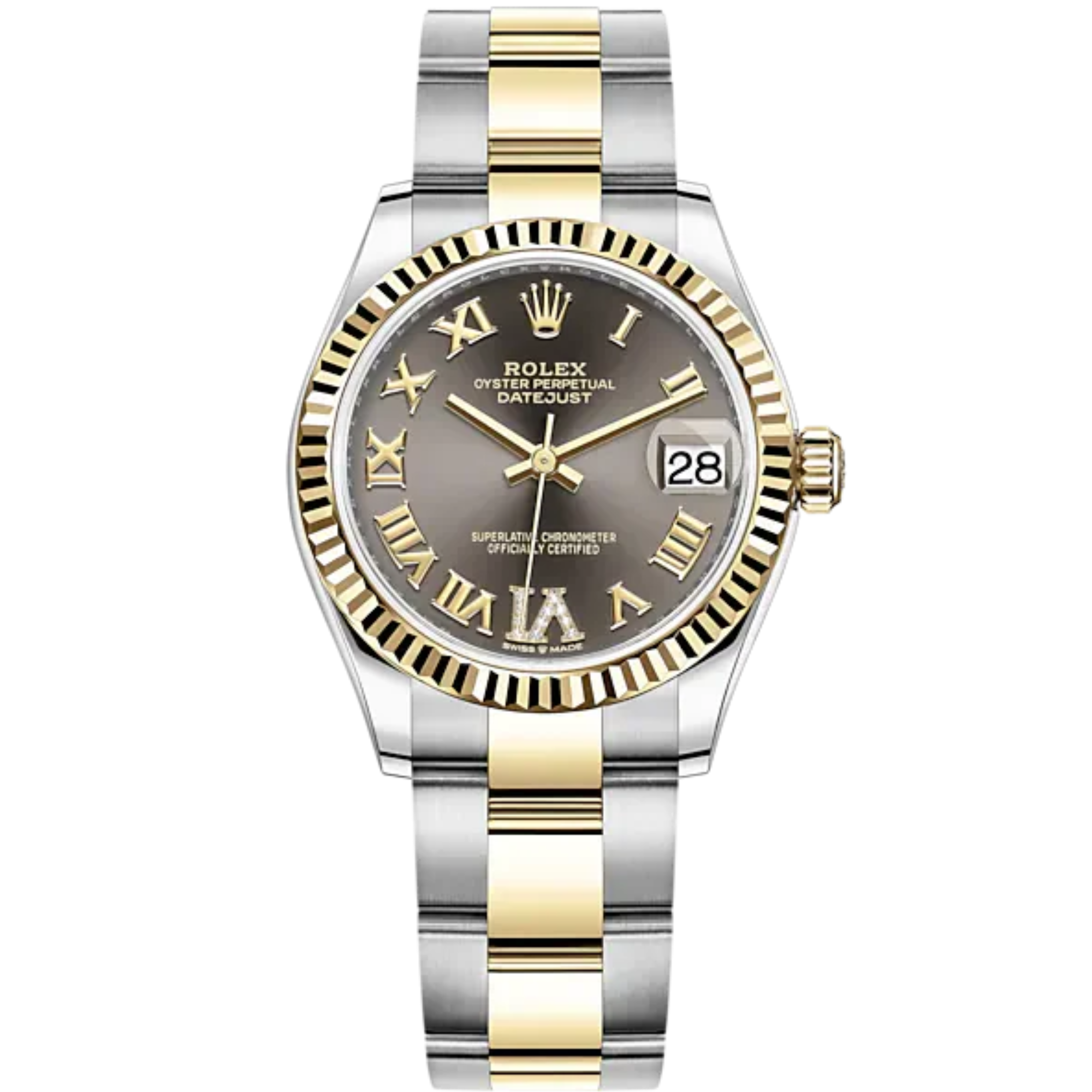 Datejust 31 31mm Oyster Bracelet Oystersteel and Yellow Gold with Dark Grey Diamond Dial Fluted Bezel - Rolex